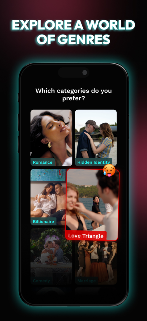 Drama Pops - Reel Shorts TV - Oberfläche der Drama Pops App, die verschiedene Dramakategorien wie Romance Billionaire und Love Triangle zeigt.