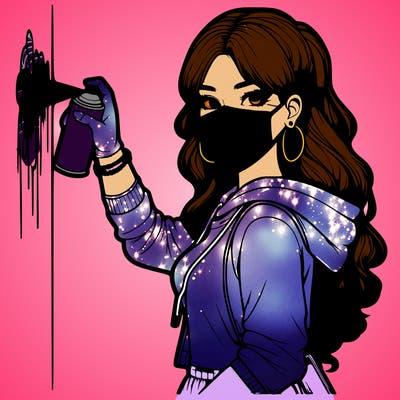 realistic girl with mask spray painting a wall