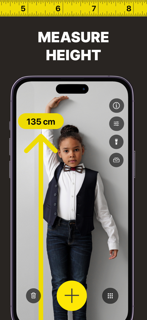 A mobile phone screen showing an AR app measuring a childs height at 135 centimeters