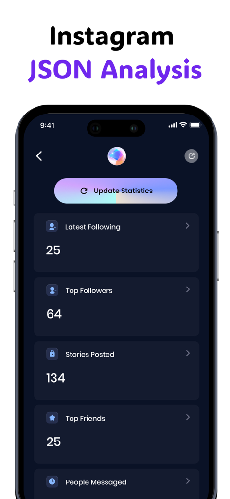 Profile Tracker:Who Unfollowed - Instagram JSON analysis screen showing follower and story metrics