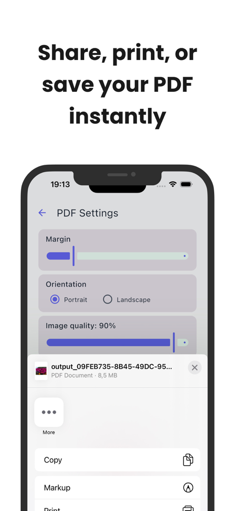 Photos to PDF Document - Interface do aplicativo mostrando configurações de margem e orientação de PDF com opções de compartilhamento