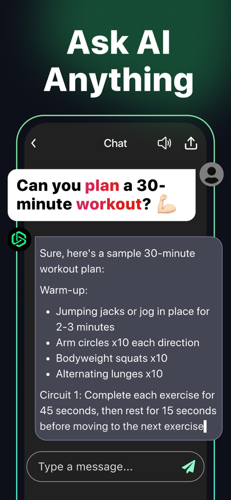 AI Chat − AI Chatbot Assistant - AI Chat app interface showing a conversation where the user asks for a workout plan and the AI provides one