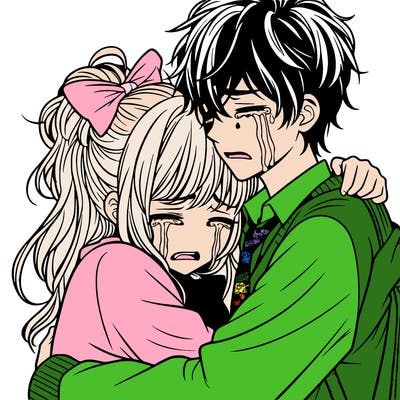 teenage manga girl hugging boy crying