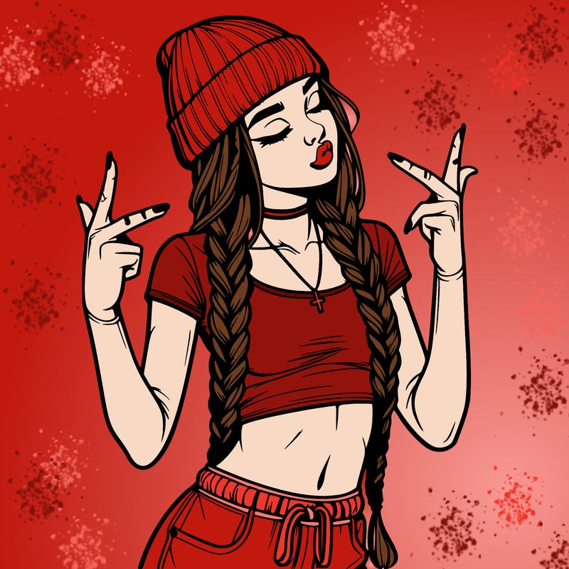 realistic teenage girl with braids and a beanie and crop top doing 🫶🏼