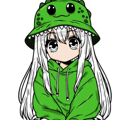 girl with anime shaped eyes with a dinosaur bucket hat oversized sweatshirt long straight hair