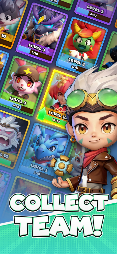 Merge Battle: PvP Arena - A collection screen of various pet and hero cards with different levels and the text Collect Team