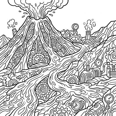 Dive into a thrilling world where molten lava meets intricate machinery with this Steampunk Lava Flows coloring page. Experience the dynamic fusion of raw volcanic power and sophisticated retro-futuristic design, perfect for an engaging artistic escape.