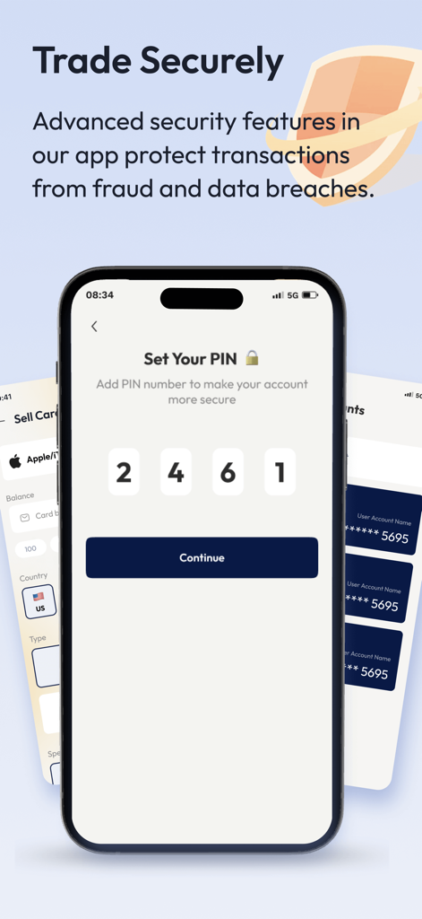 Cardlaxy: Sell Gift Cards - Cardlaxy app screen showing the secure PIN setup for safe gift card trading.