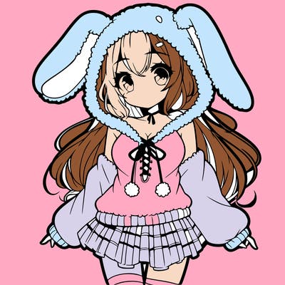 pretty anime girl wearing a fluffy hoodie with bunny ears on the hood and a skirt