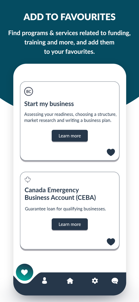 Canada Business - Canada Business app favorites screen displaying funding and business startup programs