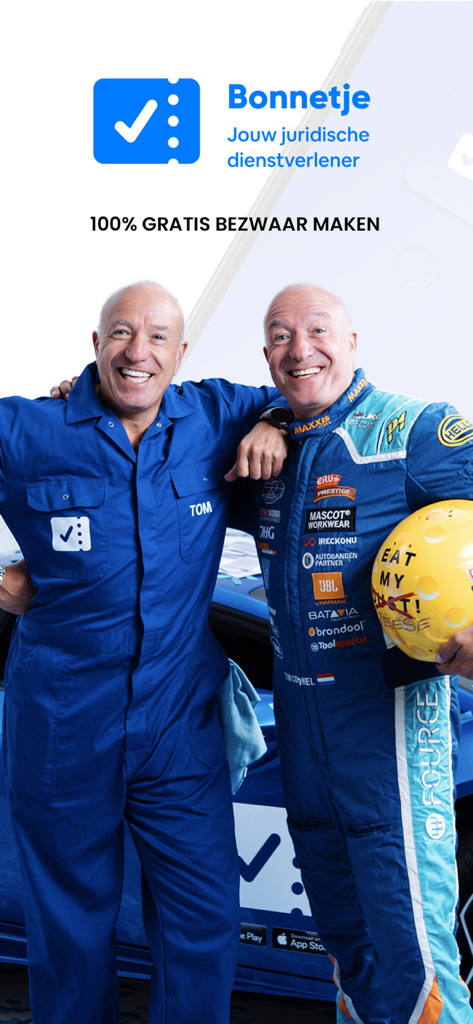Two men in blue mechanic and racing suits standing in front of the Bonnetje legal services app logo promoting free legal objections.