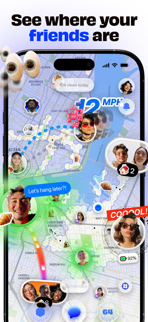 An interactive map within the Bump app showing real-time friend locations, movement speed, battery life, and social activity stickers.