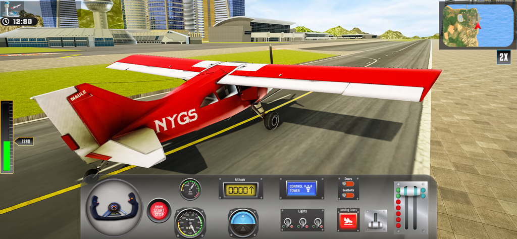 상세한 조종석 대시보드가 있는 활주로의 빨간색과 흰색 소형 항공기