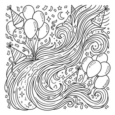 Blast off into a world of color with this unique Solar Wind Birthday coloring page! It features dynamic cosmic swirls, festive balloons, and party hats, perfect for celebrating in an extraordinary way.