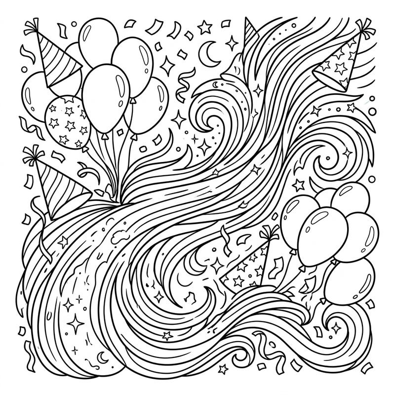 Blast off into a world of color with this unique Solar Wind Birthday coloring page! It features dynamic cosmic swirls, festive balloons, and party hats, perfect for celebrating in an extraordinary way.