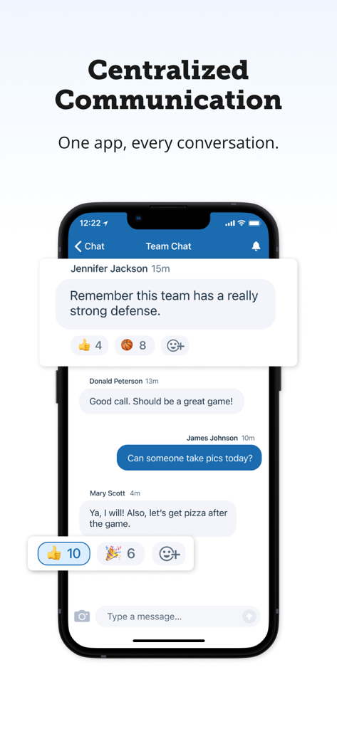 TeamSnap - A smartphone screen showing the TeamSnap team chat interface with messages and reactions for sports communication.