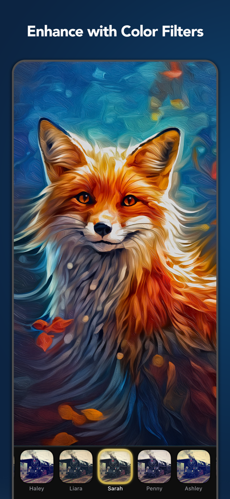 Oilbrush: Oil Painting Effects - Una vibrante pintura al óleo de un zorro que muestra la selección de filtros de color en la aplicación Oilbrush