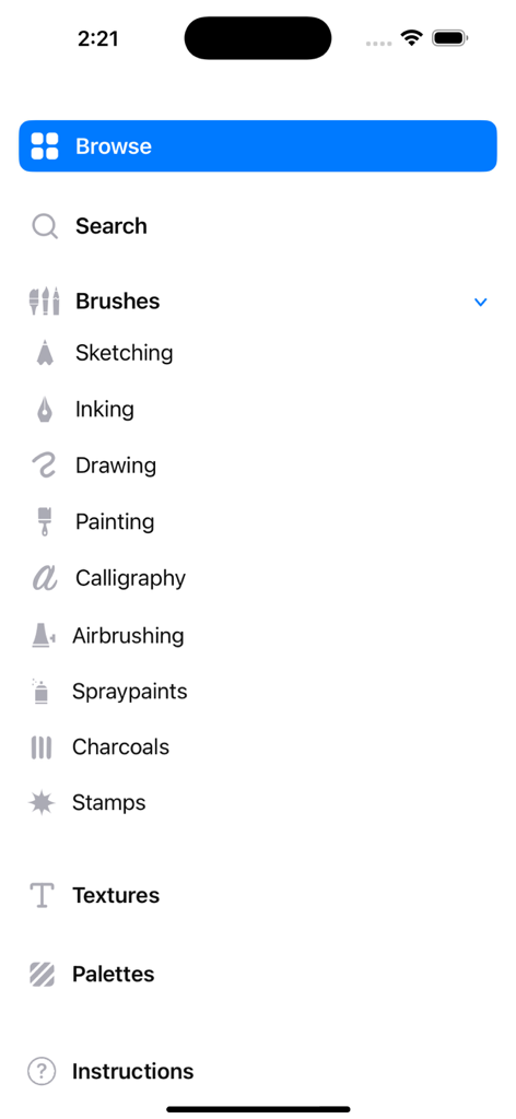 Brushes for Procreate & Tools - スケッチ、インキング、ペインティング、テクスチャ、パレットのカテゴリを示すメニューが表示されたBrushes for Procreateアプリのインターフェイス