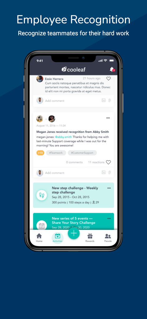 Mobile Benutzeroberfläche der Cooleaf-App, die einen Feed zur Mitarbeiteranerkennung und aktive Herausforderungen am Arbeitsplatz zeigt