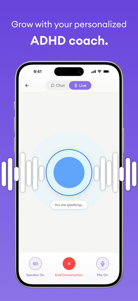 Un teléfono móvil mostrando la interfaz de chat de voz en vivo de Mindflow AI para coaching personalizado de TDAH.