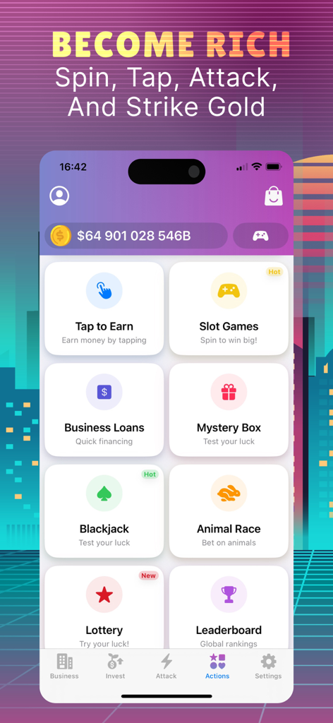 Business Tycoon Clash & Deals - Interfaz de la aplicación móvil de Business Tycoon Clash and Deals que muestra modos de juego como "Toca para ganar", "Juegos de tragamonedas" y "Blackjack".