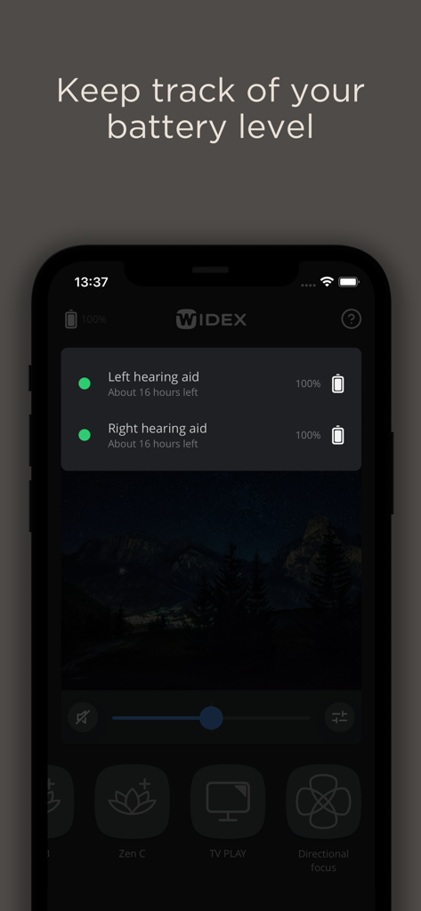 WIDEX MOMENT app interface showing battery level and estimated hours remaining for left and right hearing aids