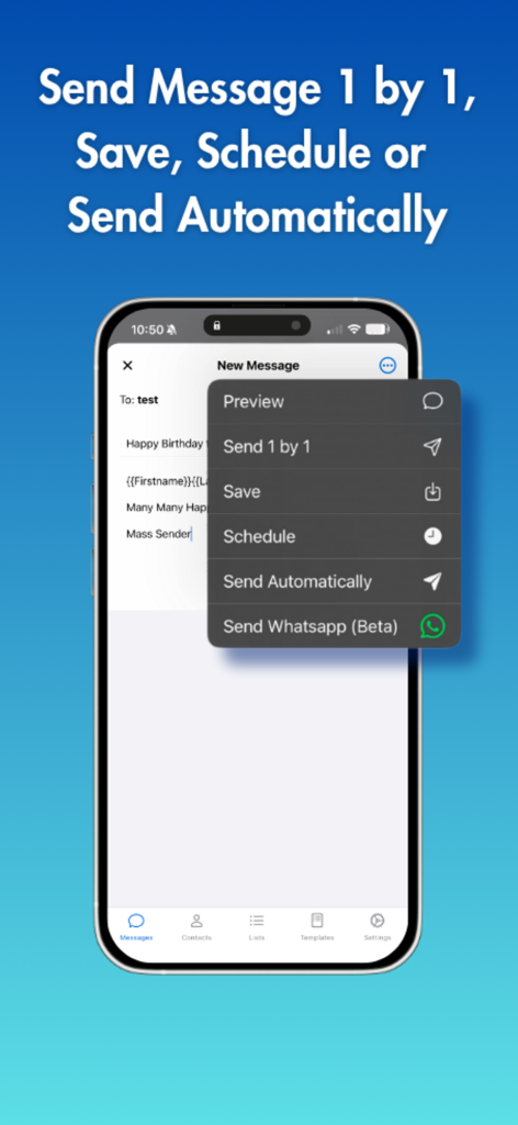 Interfaz de la aplicación Mass Sender en iPhone que muestra un menú con opciones para previsualizar, enviar uno por uno, guardar, programar y enviar automáticamente.
