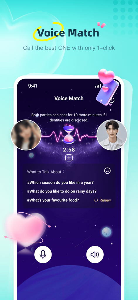 Dino app voice match interface for real-time voice calls with social icebreakers