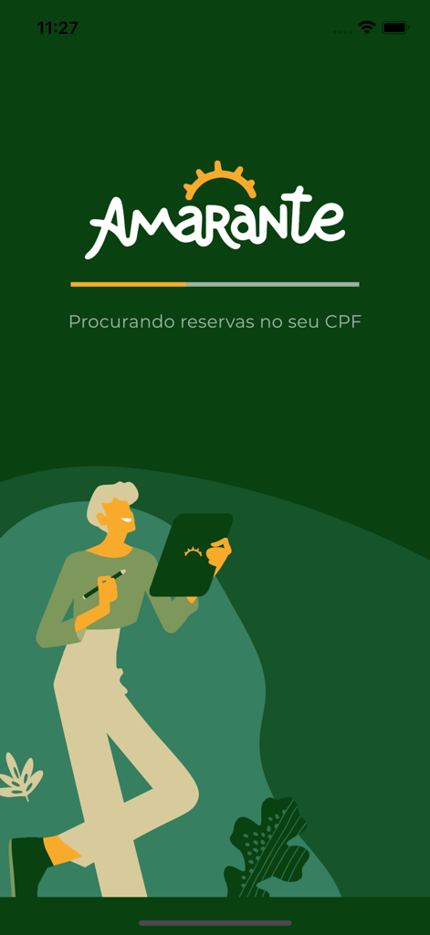 Loading screen of the Amarante Hoteis app showing a progress bar and a person using a tablet