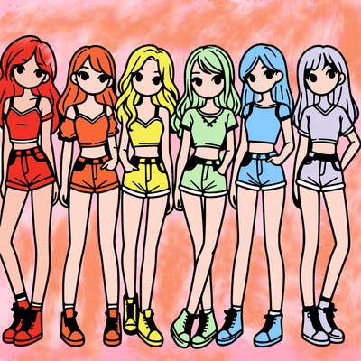 a group of girls wearing crop tops and shorts