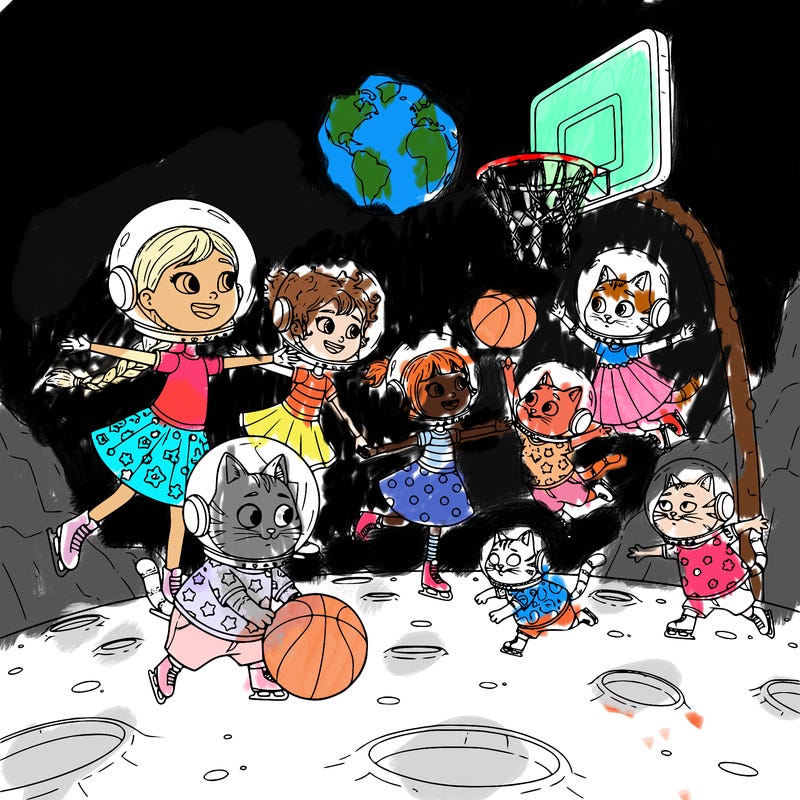 five girl ice skaters skating on the moonwearing astronaut helmet and five kitties playing basketball with them and they are all wearing a
astronaut helmet and the figure skaters are wearing shirts and skirts or dresses and the cats should wear regular shirts and shorts clothes and make the girls look pretty and i don’t want all of them to look the same and i don’t want the cats to all look the same either