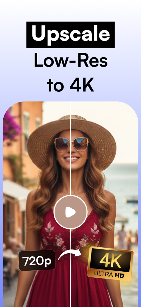 AI Upscale Video・4K Upscaler - Comparaison montrant une vidéo mise à l'échelle de 720p à 4K Ultra HD à l'aide de l'IA.
