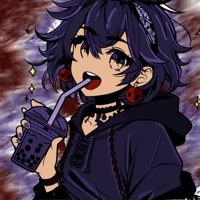 hot baddie anime girl drinking boba and biting the straw