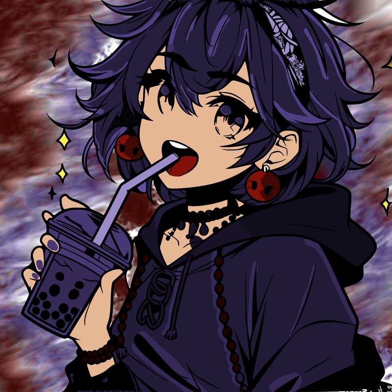 hot baddie anime girl drinking boba and biting the straw