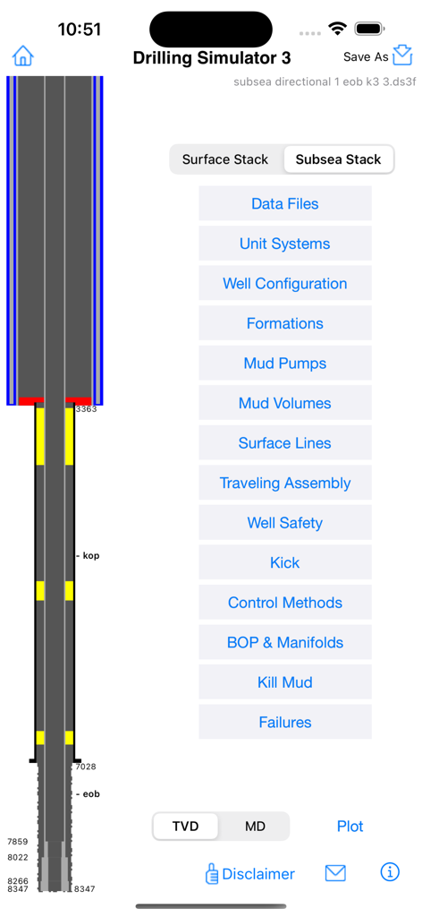 Main configuration screen of Drilling Simulator 3 showing a wellbore cross-section diagram and technical simulation options like Mud Pumps and BOP Manifolds.