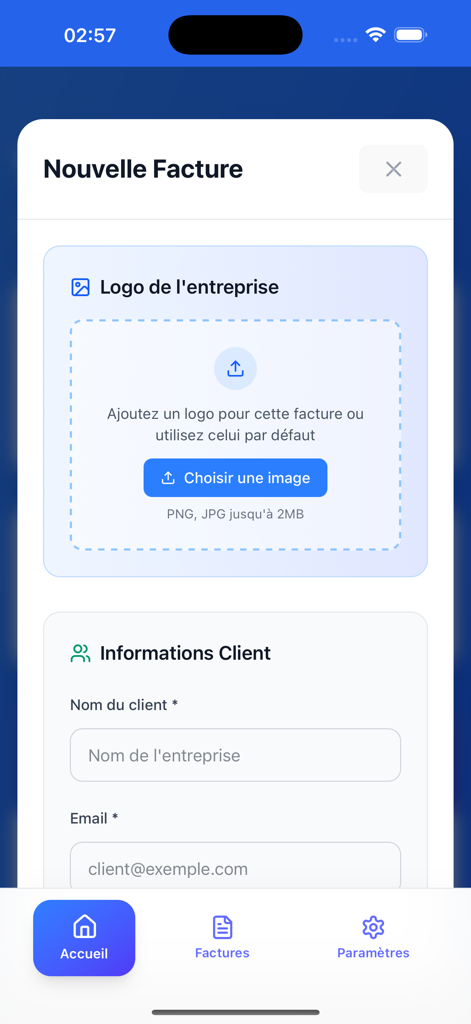 FACTURA PRO - Interface of Factura Pro app showing the new invoice creation screen with company logo upload and client information fields