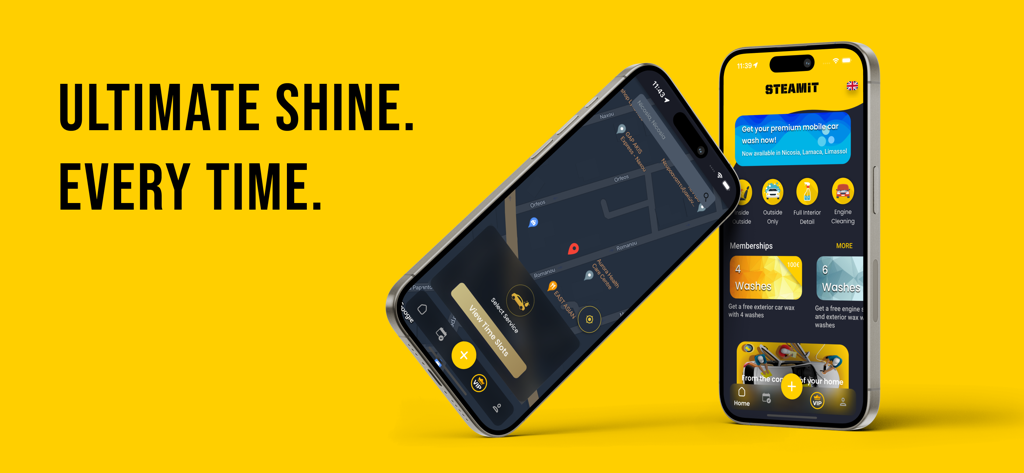 Interface do aplicativo de lavagem de carros móvel SteamIt mostrando opções de serviço e agendamento baseado em localização