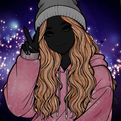 a teenage girl in a beanie, oversized sweatshirt, wavy long hair, and is showing a ✌️