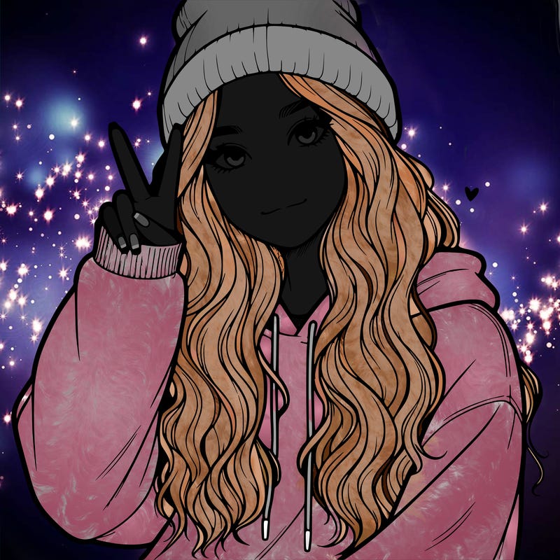 a teenage girl in a beanie, oversized sweatshirt, wavy long hair, and is showing a ✌️