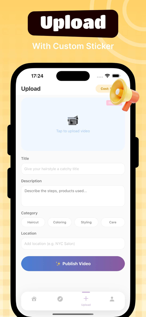Peko - Video - Interfaz móvil para subir videos de peinados en la aplicación Peko con selección de categorías y campos de descripción
