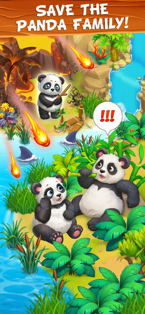 Pandas in danger from falling fireballs on a tropical island in the Lost Island game