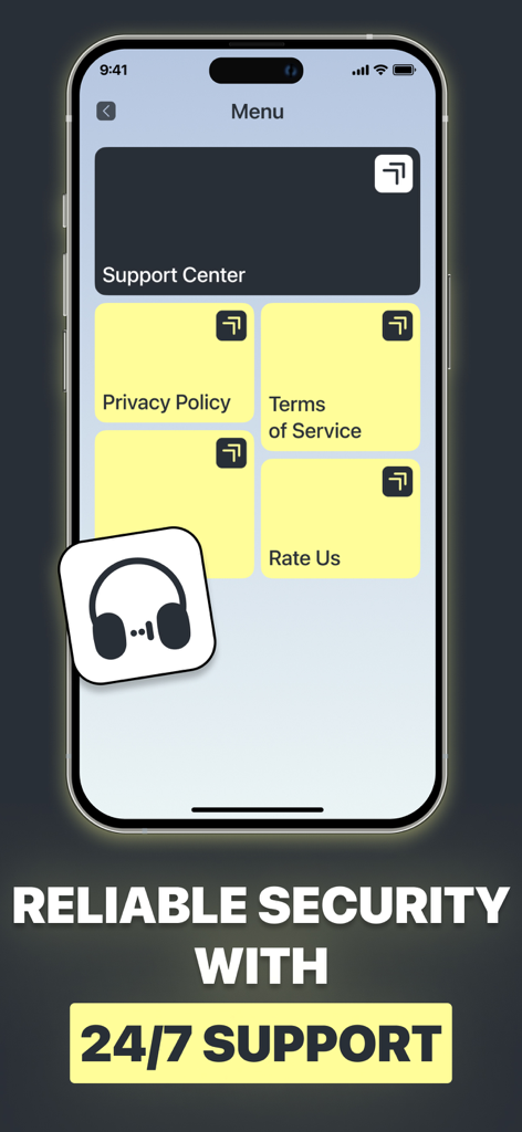 SafeStream VPN app menu screen on an iPhone featuring the support center and 24/7 support text.