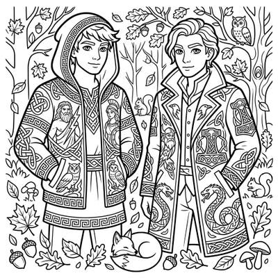 Immerse yourself in a magical autumn scene where ancient myths meet modern style. This captivating coloring page features two figures adorned in intricately designed mythological outerwear, surrounded by charming woodland elements.