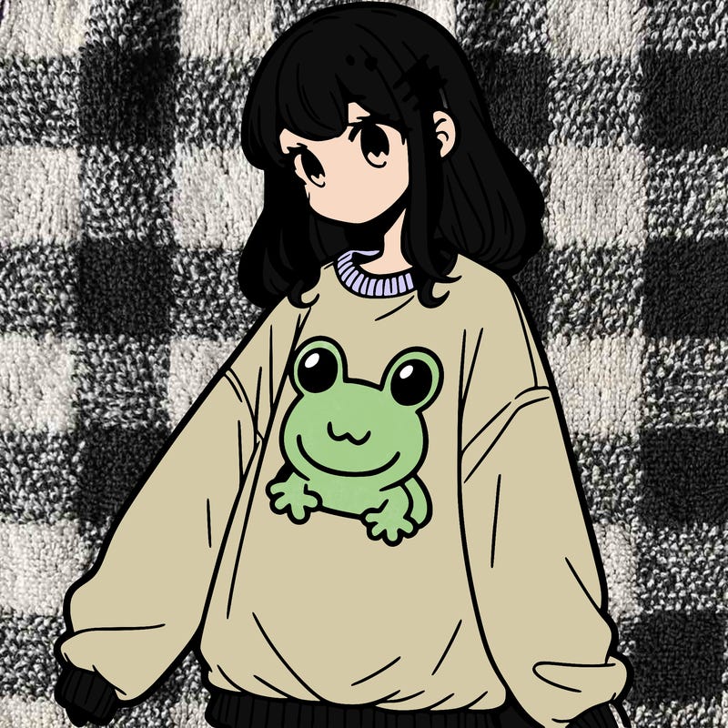 girl wearing frogging sweatshirt