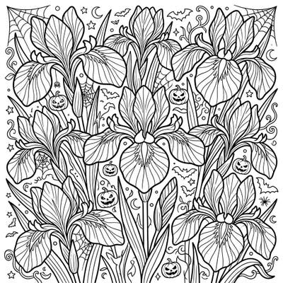 Discover a captivating coloring page where the elegant beauty of Japanese Irises intertwines with the playful spookiness of Halloween. This unique design offers a delightful challenge for colorists looking for something out of the ordinary.