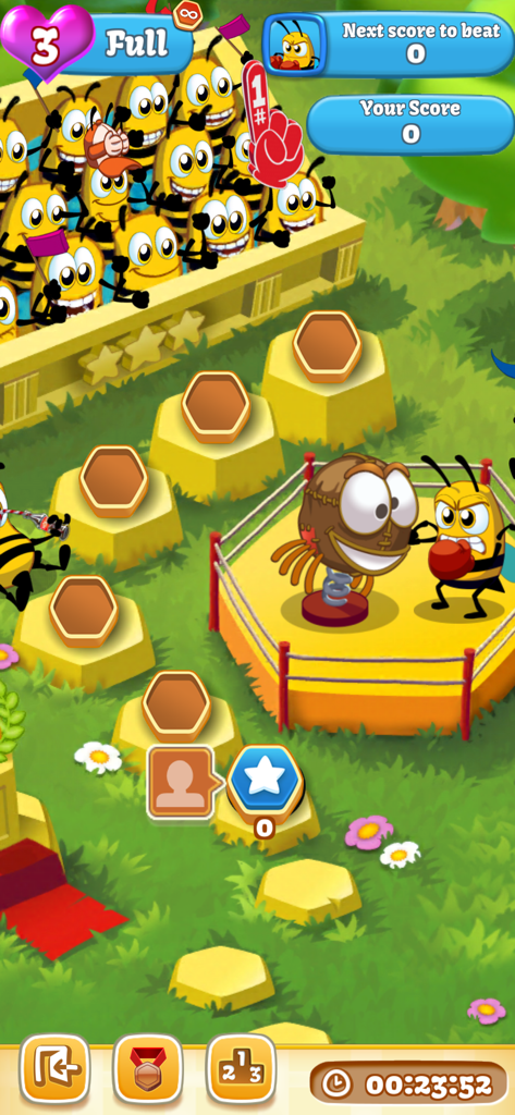 Bee Brilliant - A cartoon bee character in a boxing ring with a cheering crowd of bees in the Bee Brilliant mobile game