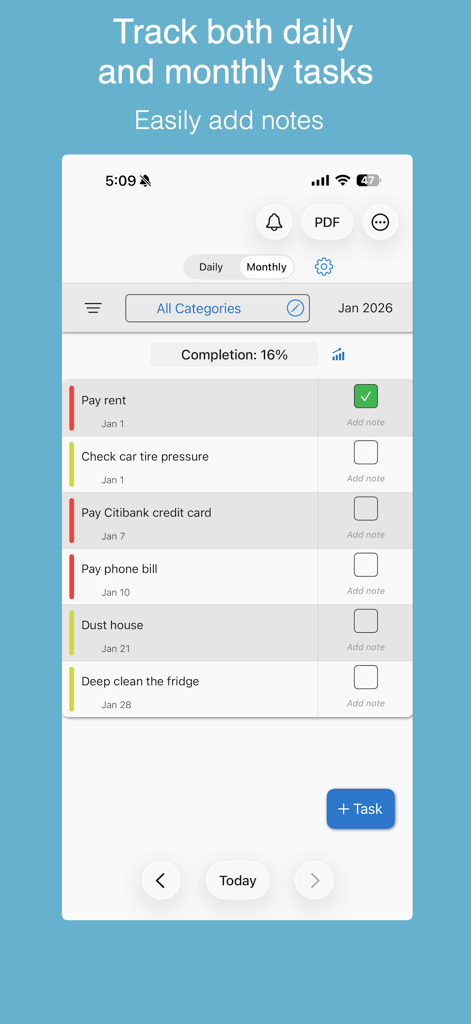 Daily Tasks - Tracker - Una captura de pantalla que muestra la lista de tareas mensual y el porcentaje de finalización en la aplicación Daily Tasks Tracker.