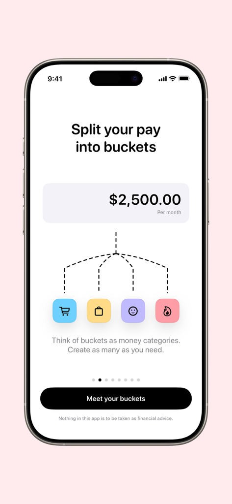 Barefoot Buckets - Barefoot Buckets app screen showing a monthly pay of 2500 dollars split into four colorful category icons representing spending buckets