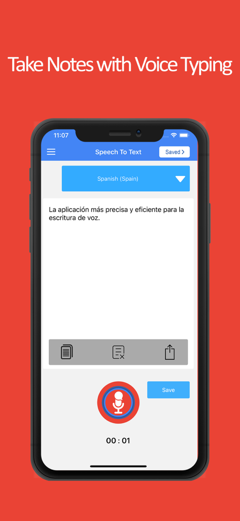 Speech to Text Voice Typing - Interfaz de iPhone de una aplicación de voz a texto transcribiendo notas de voz en español