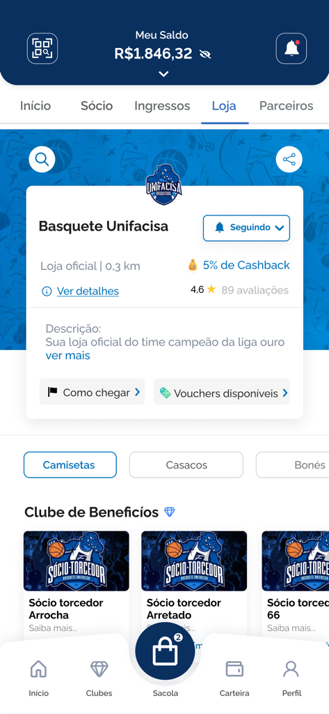 Basquete Unifacisa - Interface da loja do aplicativo móvel Basquete Unifacisa mostrando mercadorias do clube e planos de membros torcedores
